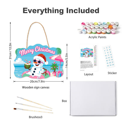 Snowman Floating with a Coconut paint by numbers hanging sign – what's in the kit: the wooden sign, rope hanger, numbered paints and brushes