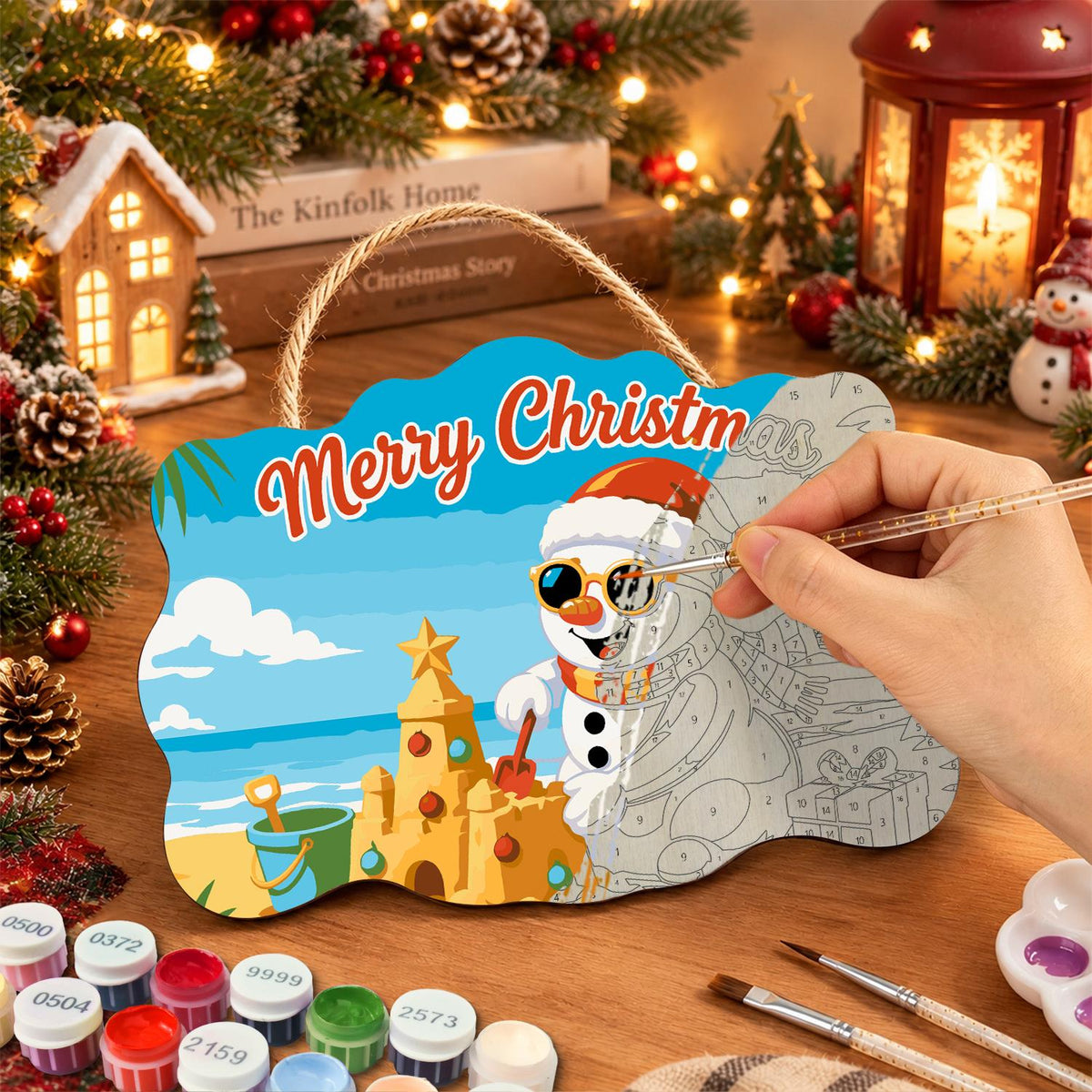 Sandcastle Snowman Christmas paint by numbers hanging sign – image 7