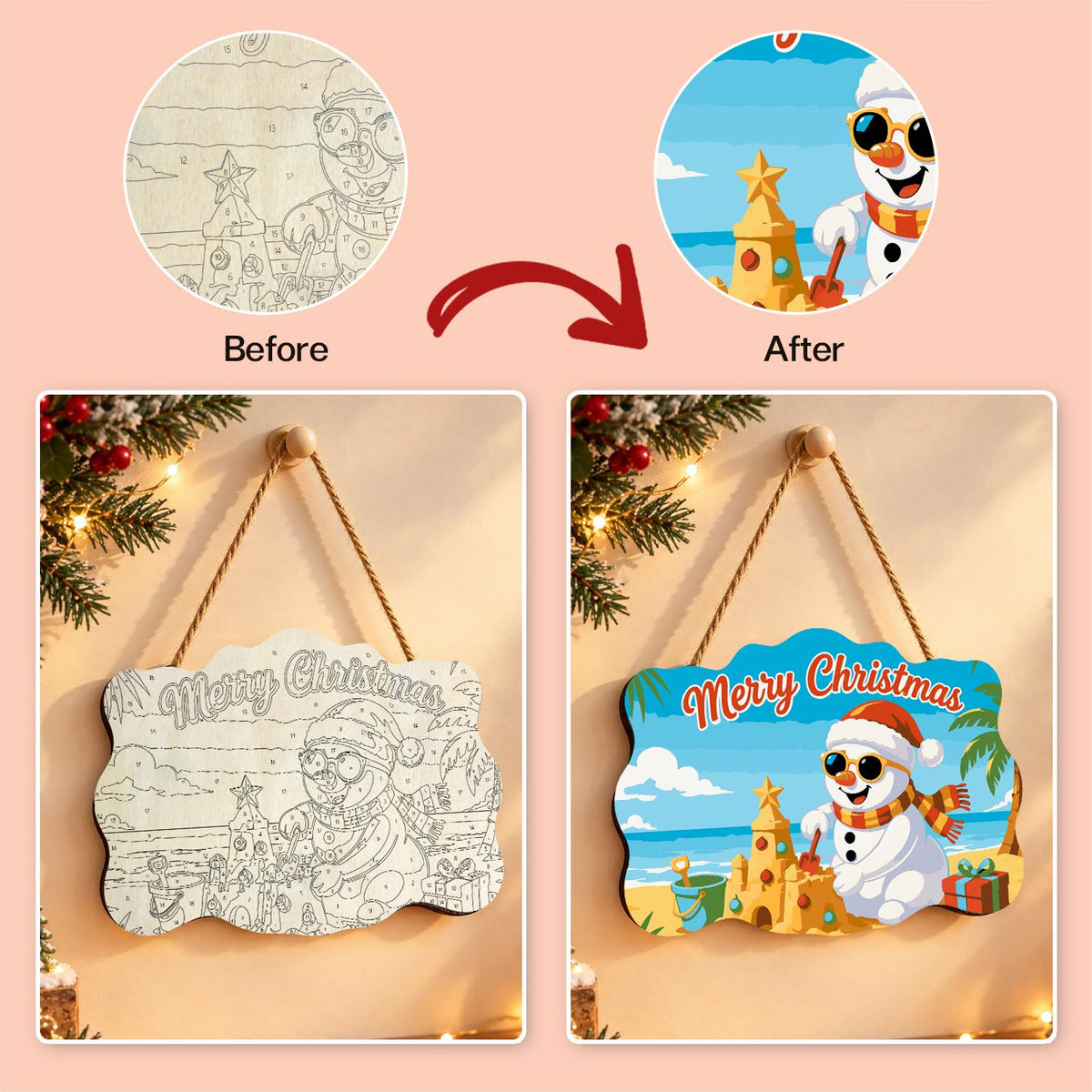 Sandcastle Snowman Christmas paint by numbers hanging sign – image 10