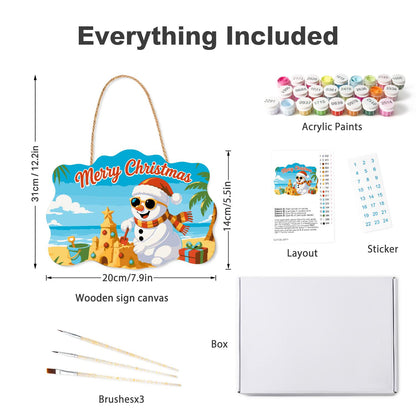 Sandcastle Snowman Christmas paint by numbers hanging sign – what's in the kit: the wooden sign, rope hanger, numbered paints and brushes