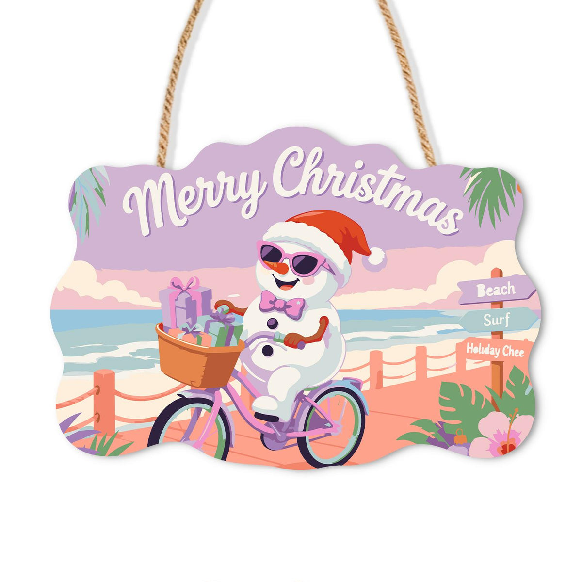 Snowman Cycling the Boardwalk paint by numbers hanging sign – Snowman in a Santa hat riding a purple bicycle with a basket of gifts along a seaside boardwalk, on a wooden sign with a rope hanger