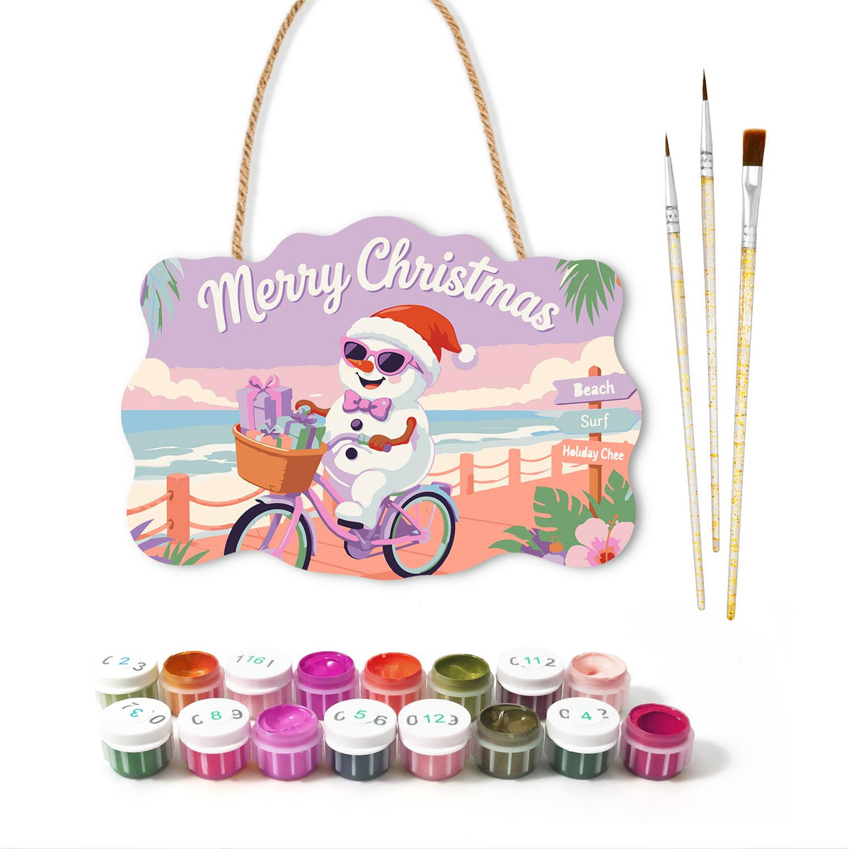 Snowman Cycling the Boardwalk paint by numbers hanging sign – image 2