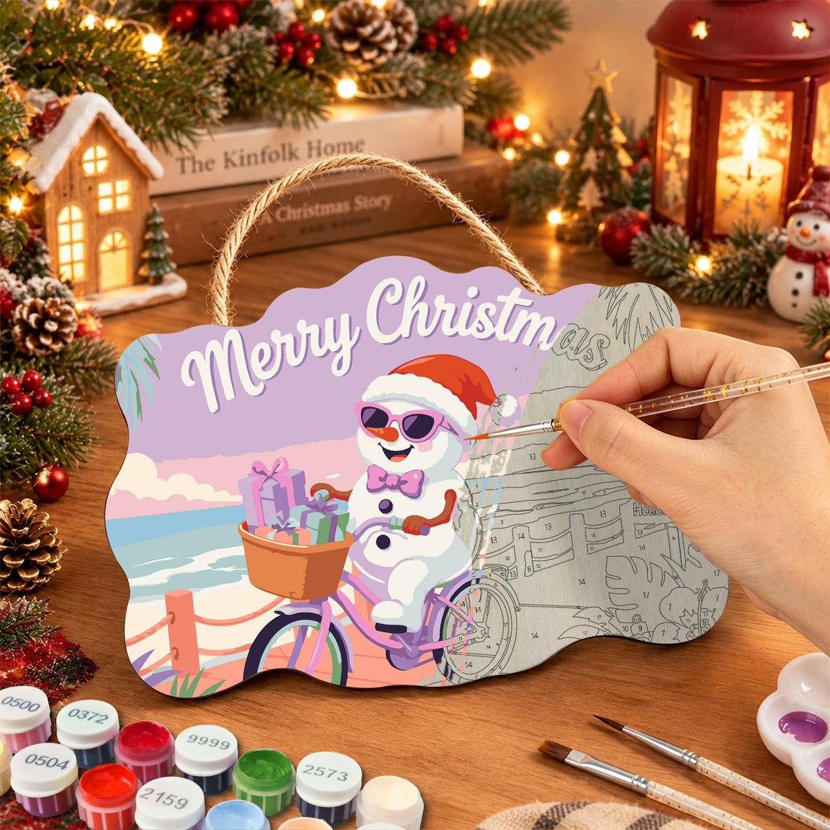 Snowman Cycling the Boardwalk paint by numbers hanging sign – image 7