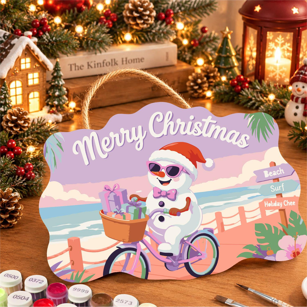 Snowman Cycling the Boardwalk paint by numbers hanging sign – image 8