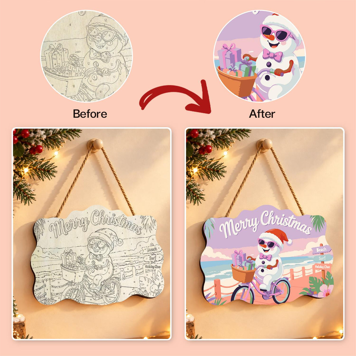 Snowman Cycling the Boardwalk paint by numbers hanging sign – image 10