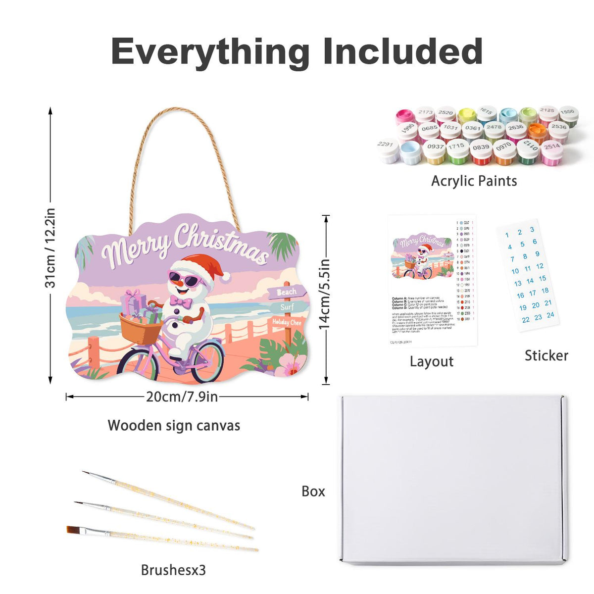 Snowman Cycling the Boardwalk paint by numbers hanging sign – what's in the kit: the wooden sign, rope hanger, numbered paints and brushes