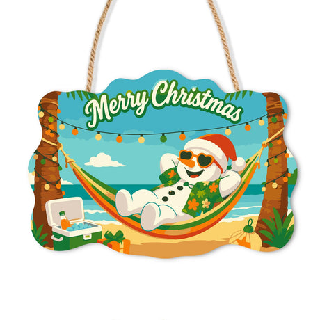 Hammock Snowman Under Lights paint by numbers hanging sign – Snowman in a Santa hat, sunglasses and floral shirt relaxing in a hammock under string lights on the beach, on a wooden sign with a rope hanger