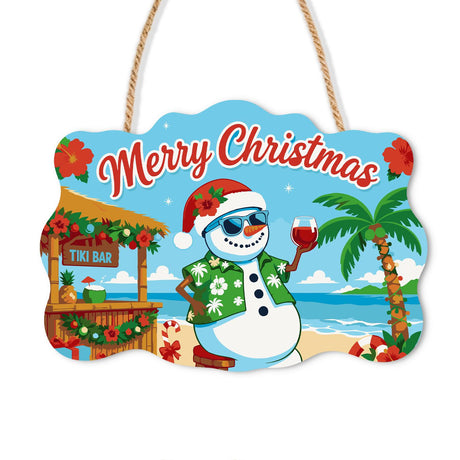 Aloha Snowman at the Tiki Hut paint by numbers hanging sign – Snowman in a Santa hat and green floral shirt raising red wine beside a tiki bar and palm tree, on a wooden sign with a rope hanger