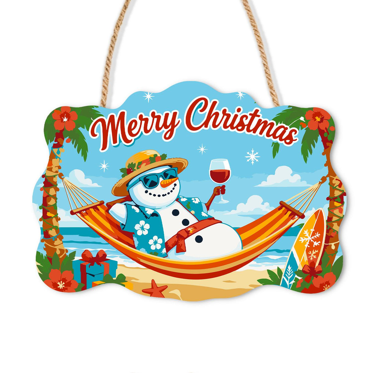 Straw Hat Snowman's Hammock Wine paint by numbers hanging sign – Snowman in a straw hat, sunglasses and floral shirt in a striped hammock holding red wine, a surfboard nearby, on a wooden sign with a rope hanger
