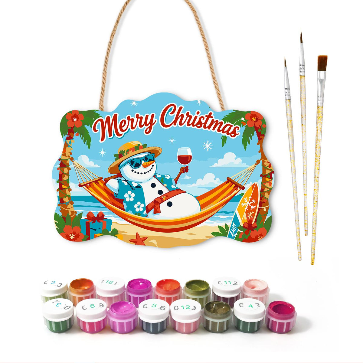 Straw Hat Snowman's Hammock Wine paint by numbers hanging sign – image 2
