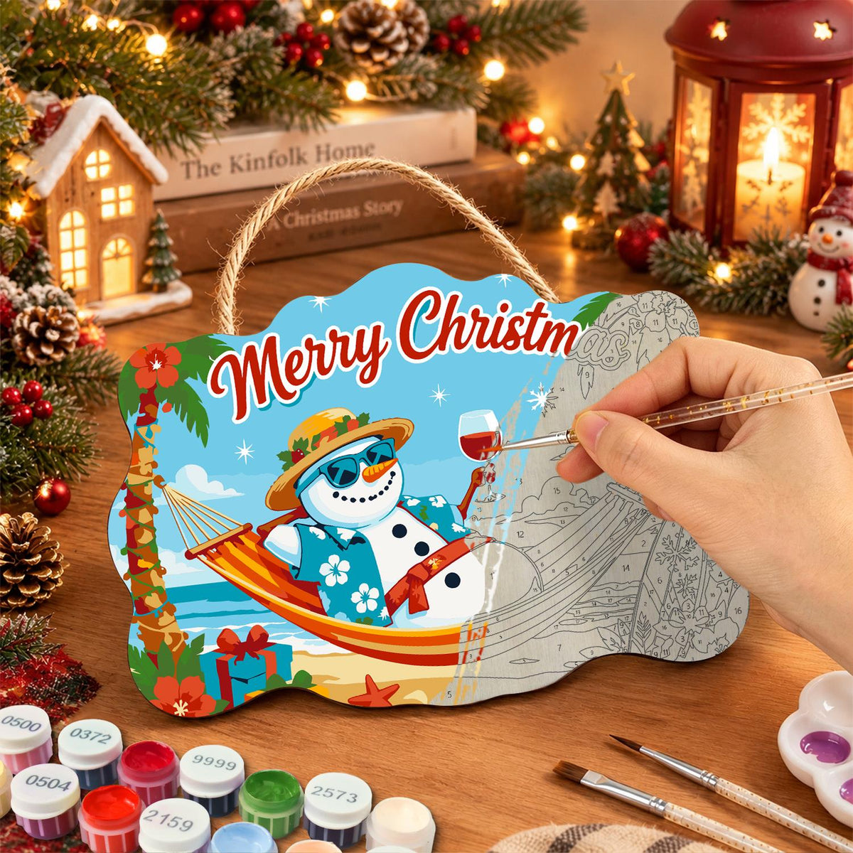 Straw Hat Snowman's Hammock Wine paint by numbers hanging sign – image 7