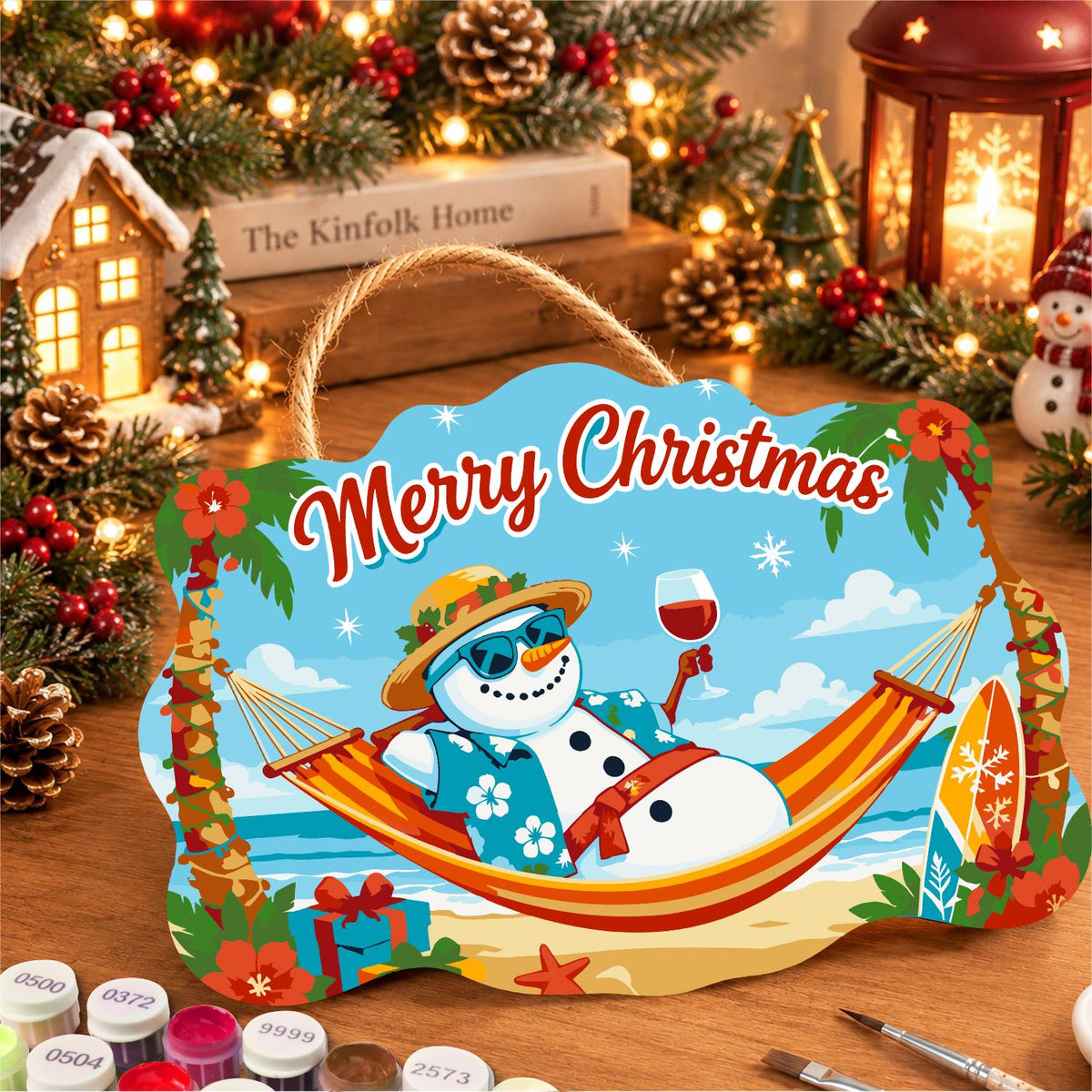Straw Hat Snowman's Hammock Wine paint by numbers hanging sign – image 8