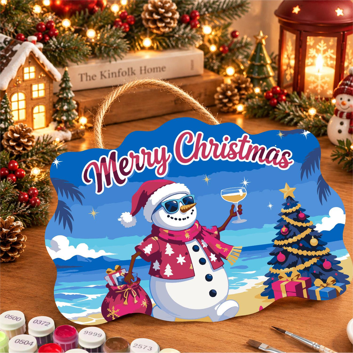 Pink Aloha Snowman by the Tree paint by numbers hanging sign – image 8