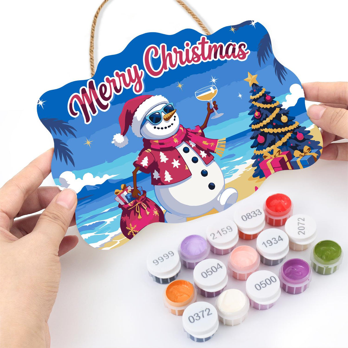 Pink Aloha Snowman by the Tree paint by numbers hanging sign – image 9