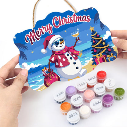 Pink Aloha Snowman by the Tree paint by numbers hanging sign – image 9
