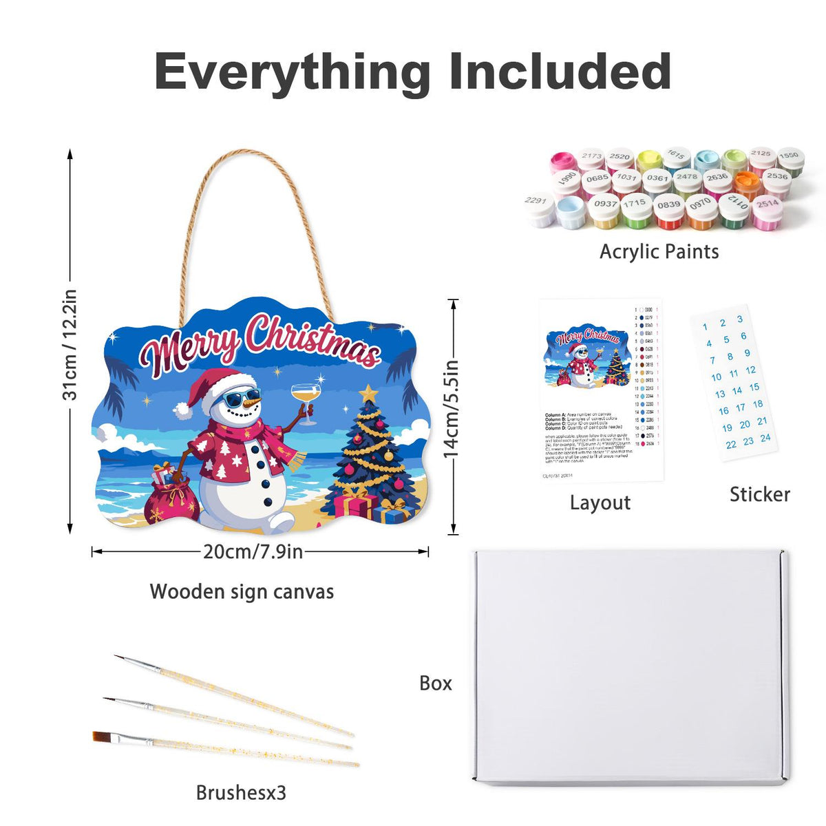 Pink Aloha Snowman by the Tree paint by numbers hanging sign – what's in the kit: the wooden sign, rope hanger, numbered paints and brushes