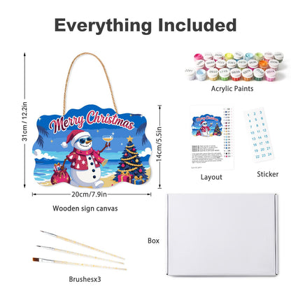 Pink Aloha Snowman by the Tree paint by numbers hanging sign – what's in the kit: the wooden sign, rope hanger, numbered paints and brushes