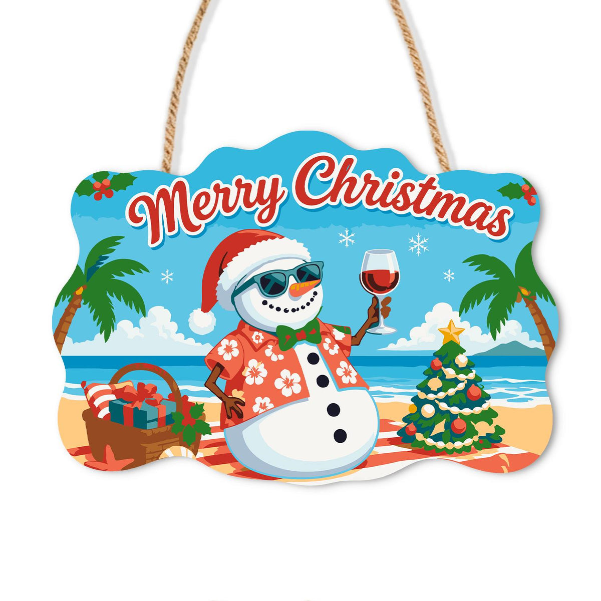 Picnic Basket Snowman Cheers paint by numbers hanging sign – Snowman in a Santa hat and red floral shirt toasting with red wine beside a picnic basket and Christmas tree, on a wooden sign with a rope hanger