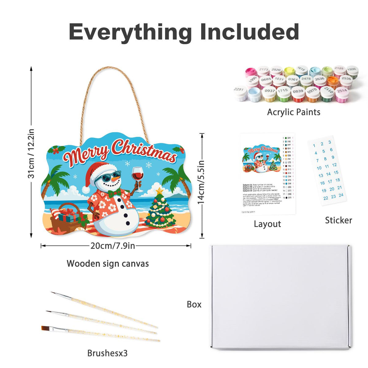 Picnic Basket Snowman Cheers paint by numbers hanging sign – what's in the kit: the wooden sign, rope hanger, numbered paints and brushes