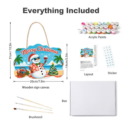 Picnic Basket Snowman Cheers paint by numbers hanging sign – what's in the kit: the wooden sign, rope hanger, numbered paints and brushes