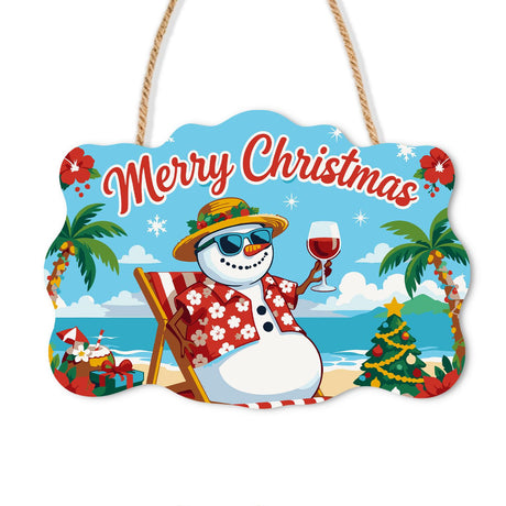 Snowman's Red Wine Beach Lounge paint by numbers hanging sign – Snowman in a sun hat, sunglasses and floral shirt lounging in a beach chair with red wine under palm trees, on a wooden sign with a rope hanger