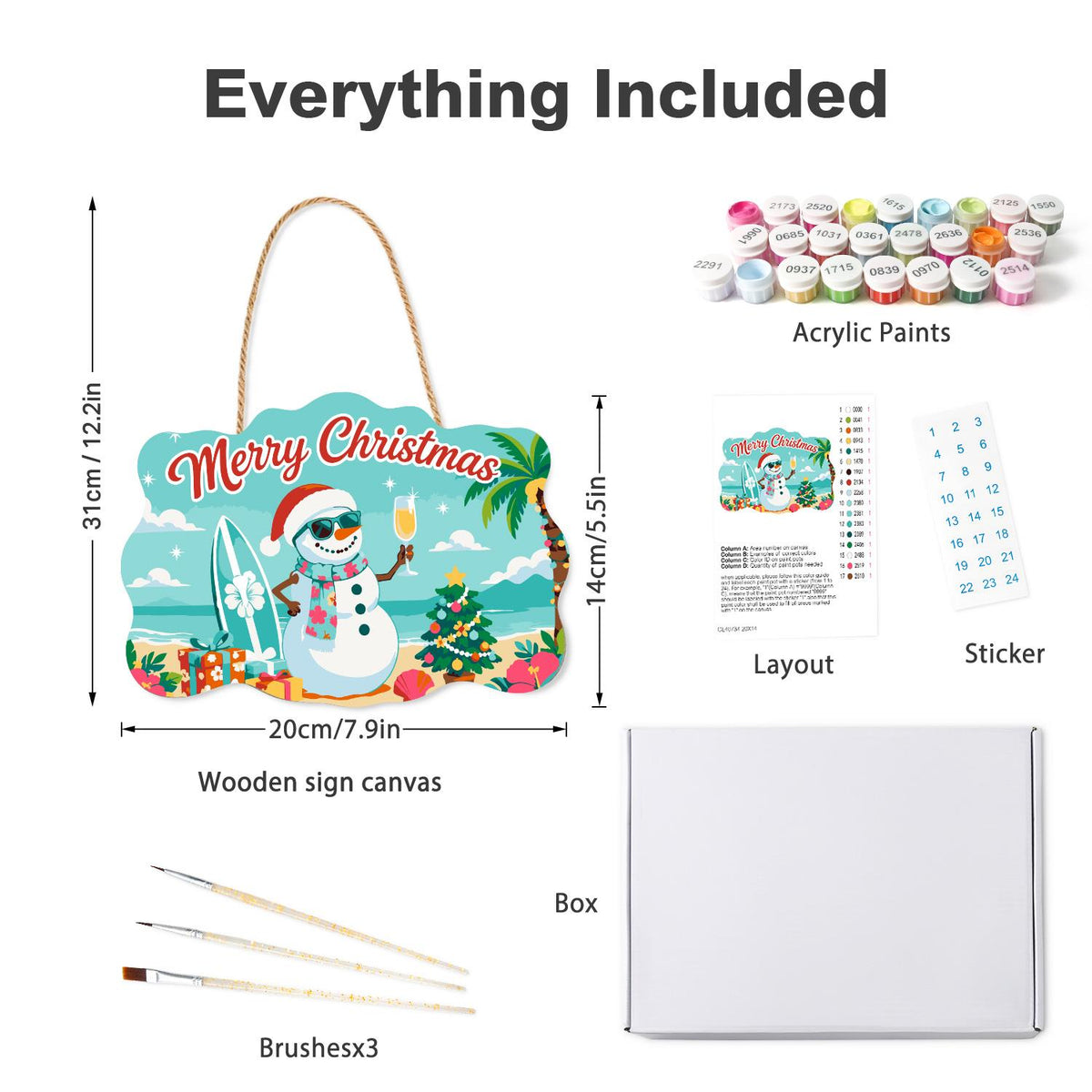 Surfboard Snowman's Bubbly Toast paint by numbers hanging sign – what's in the kit: the wooden sign, rope hanger, numbered paints and brushes