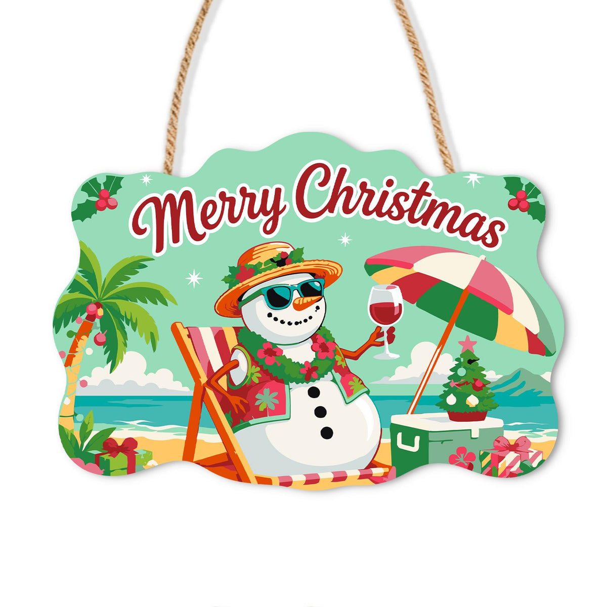 Lei-Wearing Snowman Sipping Wine paint by numbers hanging sign – Snowman in a straw hat, sunglasses and lei holding red wine in a beach chair under a striped umbrella, on a wooden sign with a rope hanger