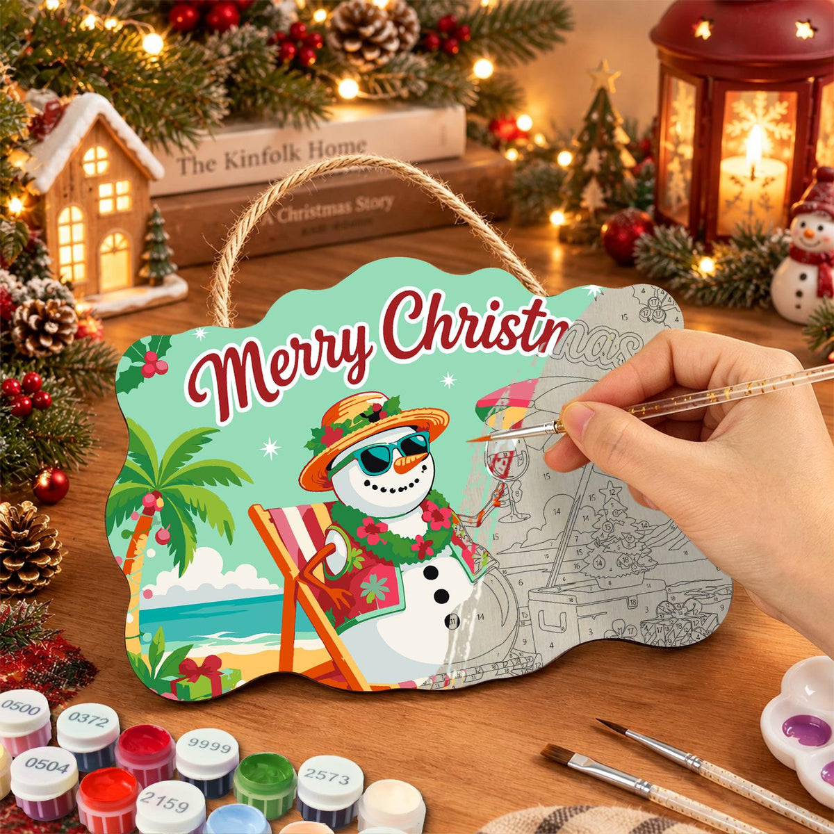 Lei-Wearing Snowman Sipping Wine paint by numbers hanging sign – image 7