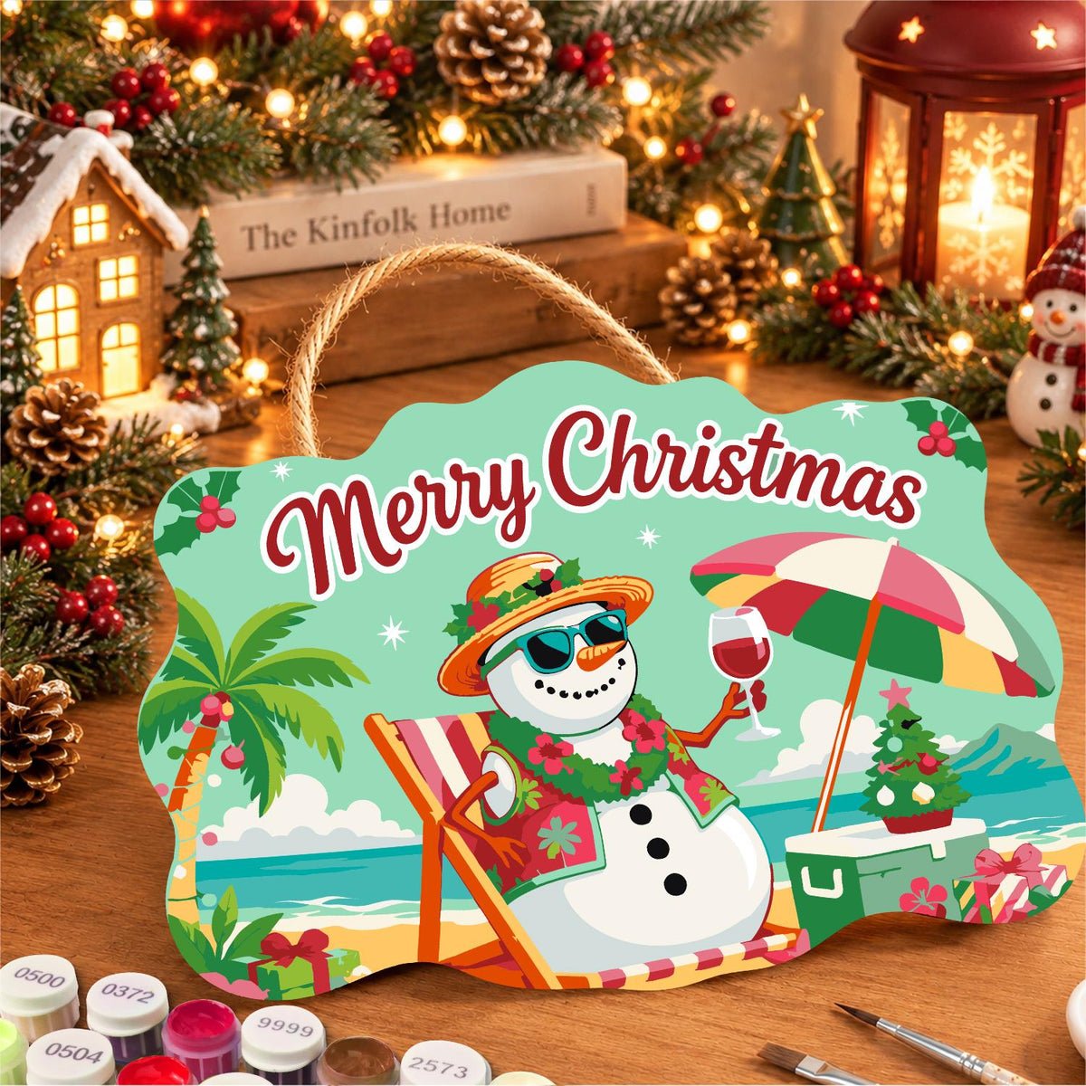 Lei-Wearing Snowman Sipping Wine paint by numbers hanging sign – image 8