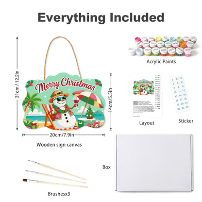 Lei-Wearing Snowman Sipping Wine paint by numbers hanging sign – what's in the kit: the wooden sign, rope hanger, numbered paints and brushes