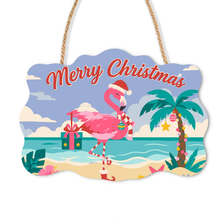 Flamingo Delivering a Beach Gift paint by numbers hanging sign – Pink flamingo in a Santa hat carrying a wrapped present on a beach under a lavender sky with a palm tree, on a wooden sign with a rope hanger