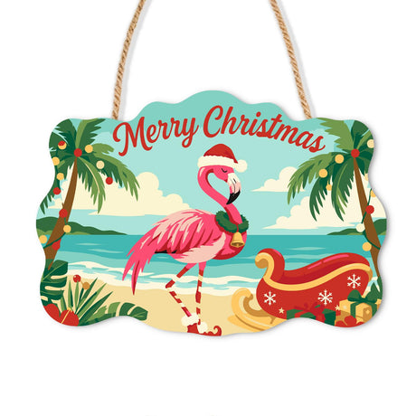 Wreathed Flamingo by Red Sleigh paint by numbers hanging sign – Pink flamingo in a Santa hat and wreath standing beside a red sleigh on a palm-lined beach, on a wooden sign with a rope hanger