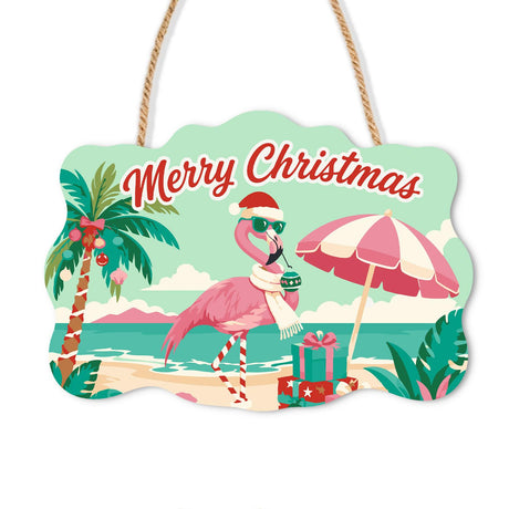 Flamingo Sipping Under Parasol paint by numbers hanging sign – Flamingo in a Santa hat, sunglasses and scarf with a drink beside a pink beach umbrella and gifts, on a wooden sign with a rope hanger