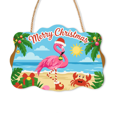 Sunny Shore Flamingo and Crab paint by numbers hanging sign – Flamingo in a Santa hat on a sunny beach with a little red crab, gifts and palm leaves, on a wooden sign with a rope hanger