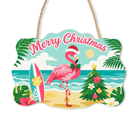 Flamingo's Beach Christmas Tree paint by numbers hanging sign – Flamingo in a Santa hat between a surfboard and a decorated Christmas tree on a sunny beach, on a wooden sign with a rope hanger