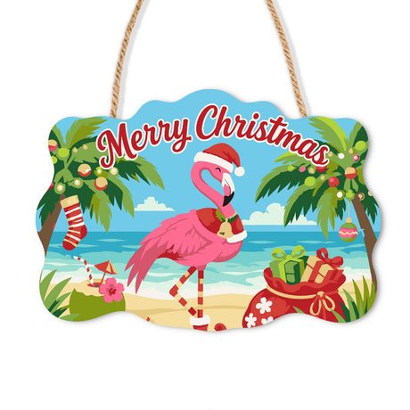 Stocking Palm Flamingo Delivery paint by numbers hanging sign – Flamingo in a Santa hat with a bell collar beside a red sack of presents and a stocking on a palm, on a wooden sign with a rope hanger