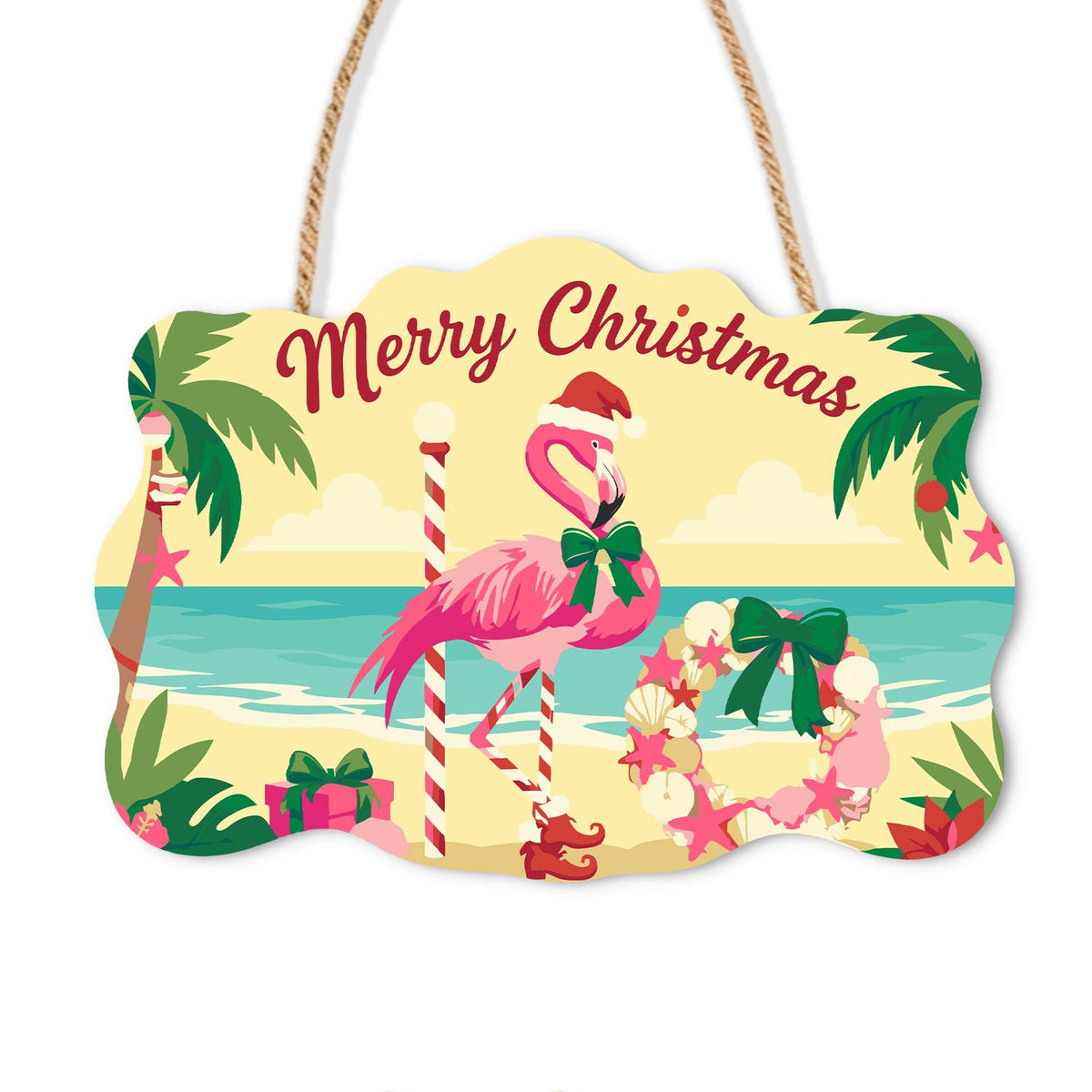 Shell Wreath Flamingo Christmas paint by numbers hanging sign – Flamingo in a Santa hat beside a candy cane pole and a seashell wreath tied with a green bow on the beach, on a wooden sign with a rope hanger