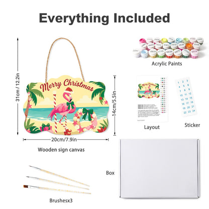 Shell Wreath Flamingo Christmas paint by numbers hanging sign – what's in the kit: the wooden sign, rope hanger, numbered paints and brushes