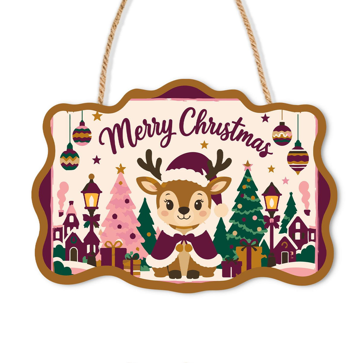 Plum Cloak Reindeer in Village paint by numbers hanging sign – Young reindeer in a plum Santa hat and cape in a lamplit village with pink and green Christmas trees, on a wooden sign with a rope hanger