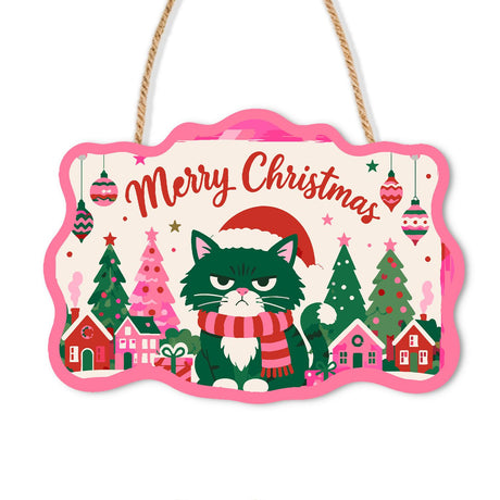 Scowling Black Cat Christmas paint by numbers hanging sign – Grumpy black cat in a Santa hat and striped scarf in front of a pink and green Christmas village, on a wooden sign with a rope hanger