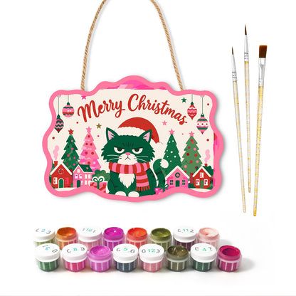 Scowling Black Cat Christmas paint by numbers hanging sign – image 2