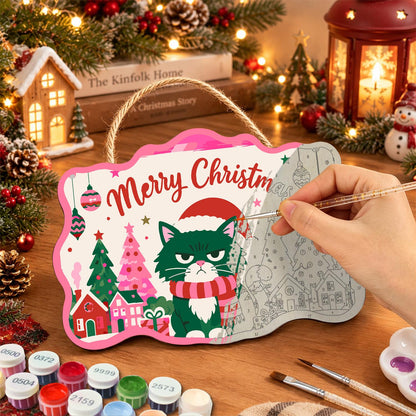Scowling Black Cat Christmas paint by numbers hanging sign – image 7