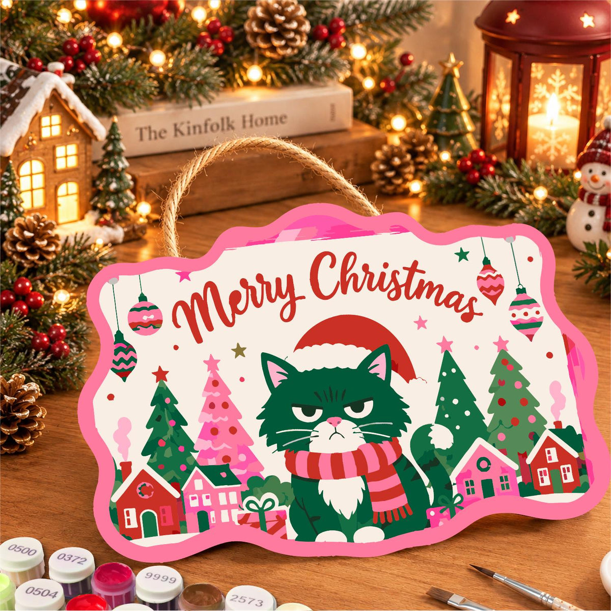 Scowling Black Cat Christmas paint by numbers hanging sign – image 8