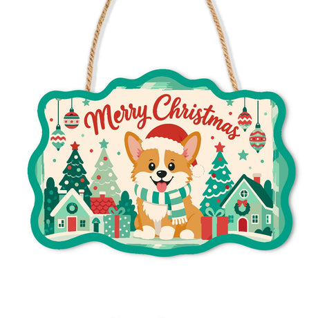 Smiling Corgi Among Teal Cottages paint by numbers hanging sign – Smiling corgi in a Santa hat and green scarf in front of teal village houses and Christmas trees, on a wooden sign with a rope hanger