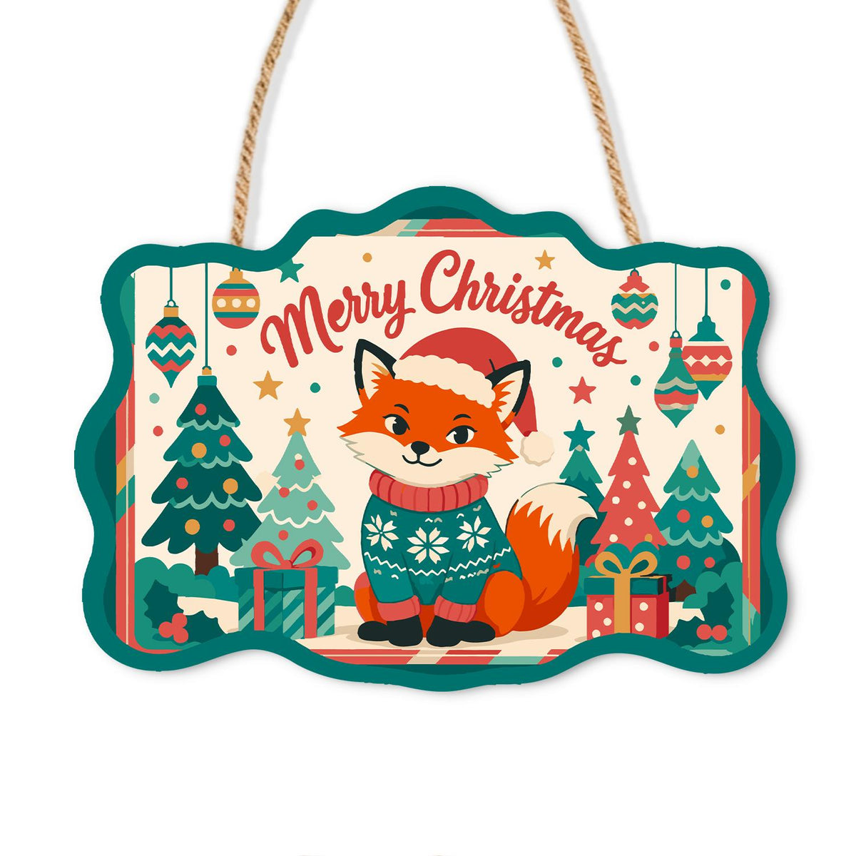 Teal Sweater Fox Among Pines paint by numbers hanging sign – Fox in a Santa hat and teal patterned sweater sitting among Christmas trees and wrapped gifts, on a wooden sign with a rope hanger