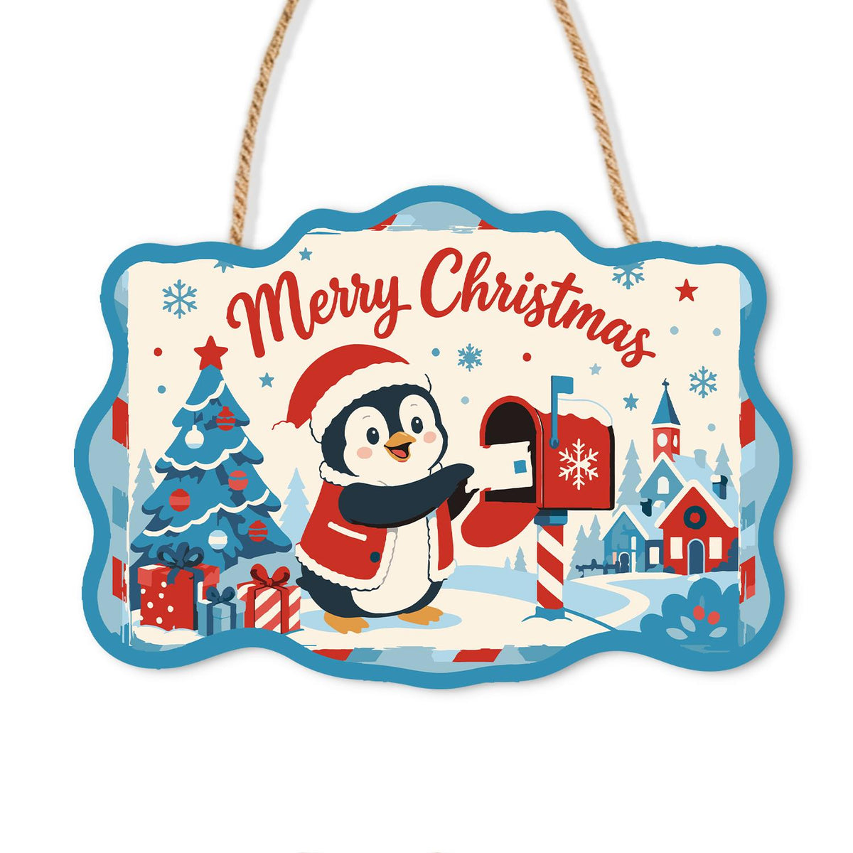 Penguin at the Red Mailbox paint by numbers hanging sign – Penguin in a Santa hat and red coat posting a letter in a red mailbox in a snowy blue village, on a wooden sign with a rope hanger