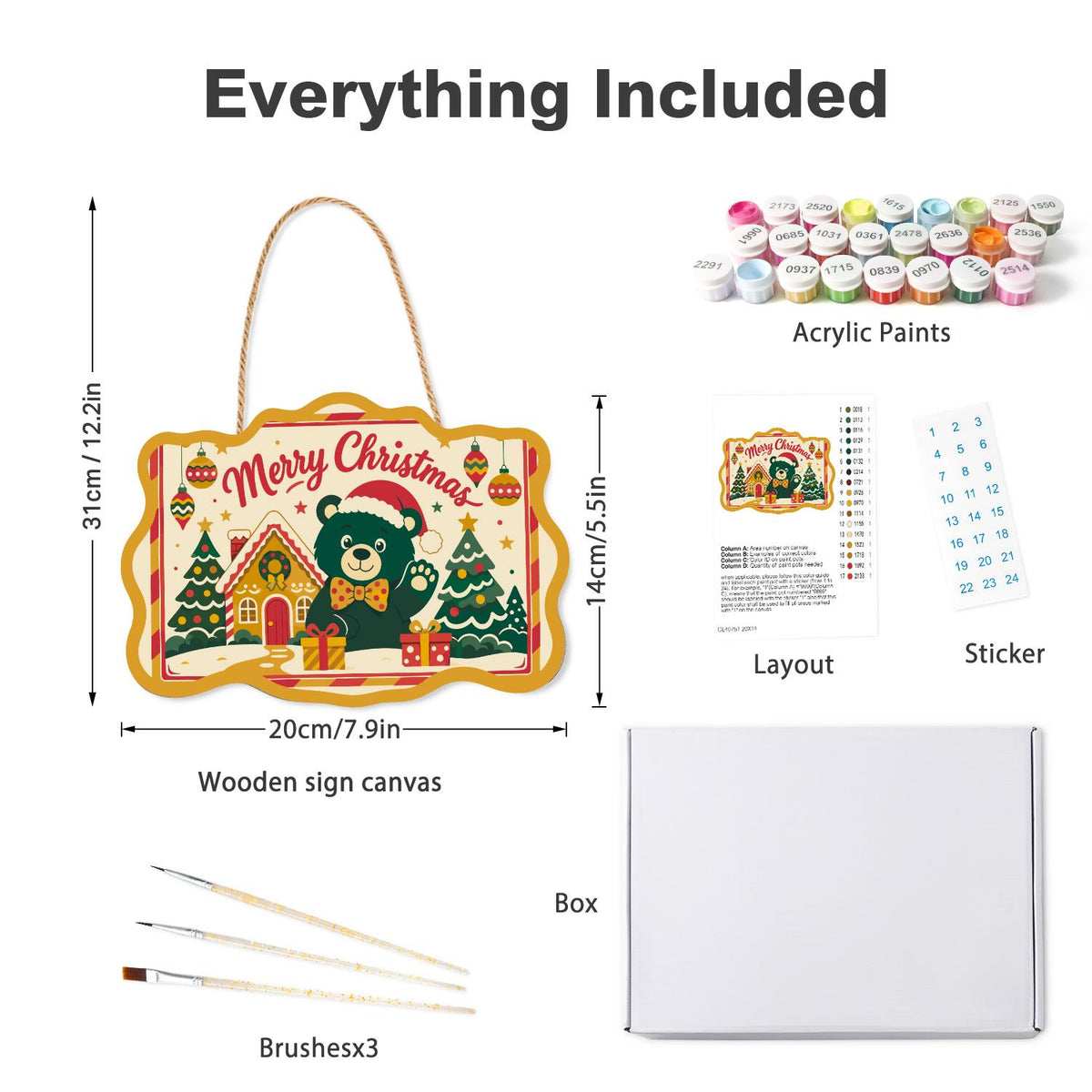 Bow Tie Bear's Gingerbread Wave paint by numbers hanging sign – what's in the kit: the wooden sign, rope hanger, numbered paints and brushes