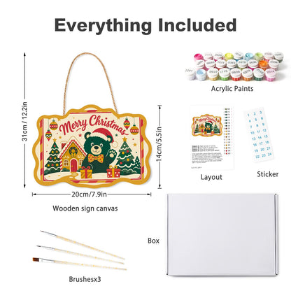 Bow Tie Bear's Gingerbread Wave paint by numbers hanging sign – what's in the kit: the wooden sign, rope hanger, numbered paints and brushes