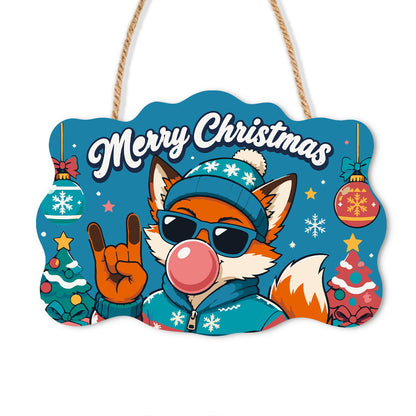 Bubble Gum Fox in Shades paint by numbers hanging sign – Fox in a blue beanie and sunglasses blowing a pink bubble gum bubble and making a rock-on hand gesture, on a wooden sign with a rope hanger