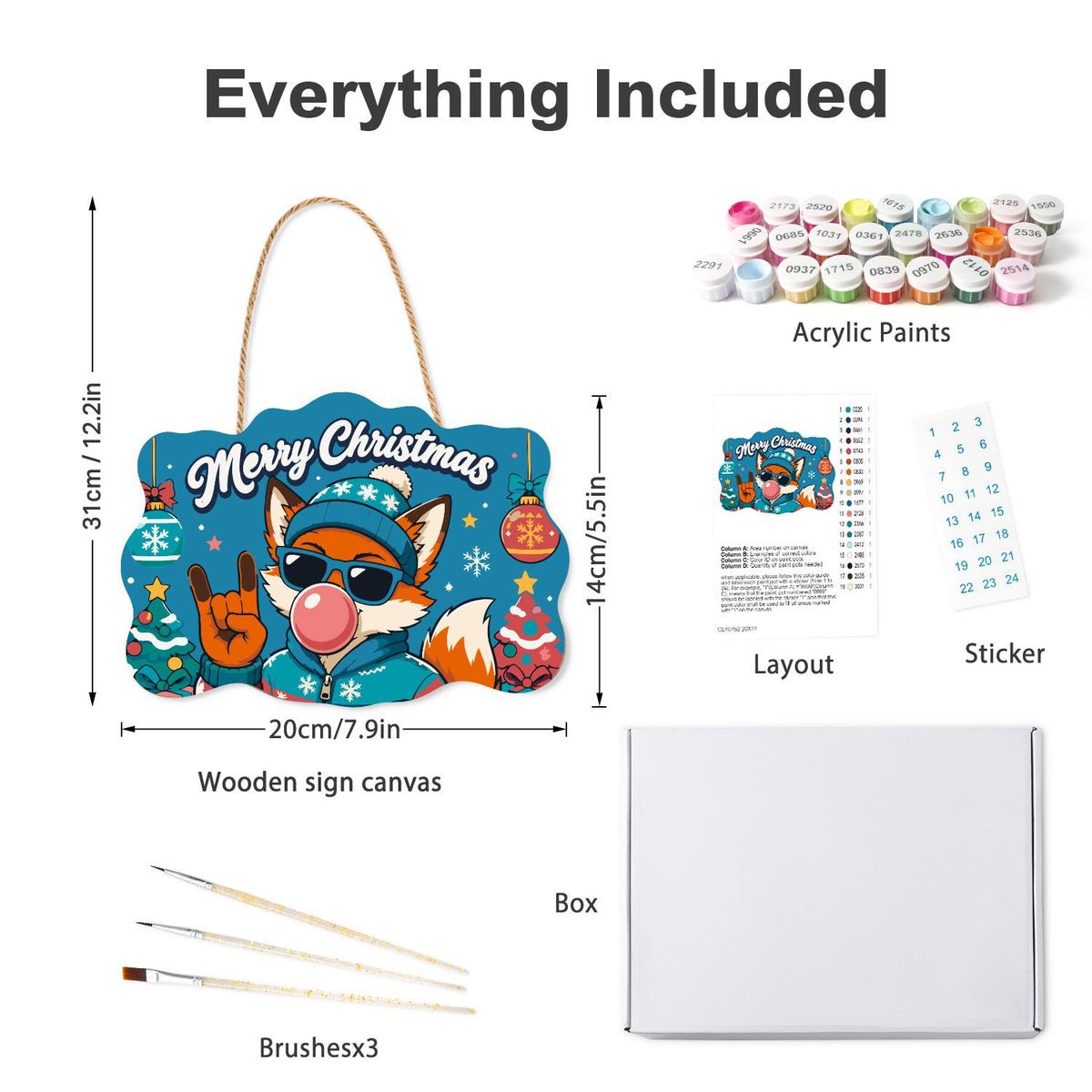Bubble Gum Fox in Shades paint by numbers hanging sign – what's in the kit: the wooden sign, rope hanger, numbered paints and brushes